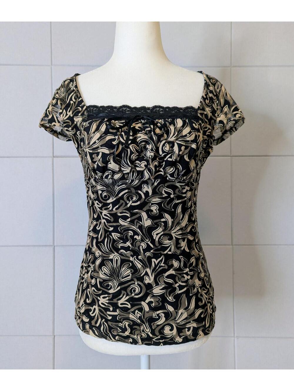 Vintage 00s mesh milkmaid floral square neck top